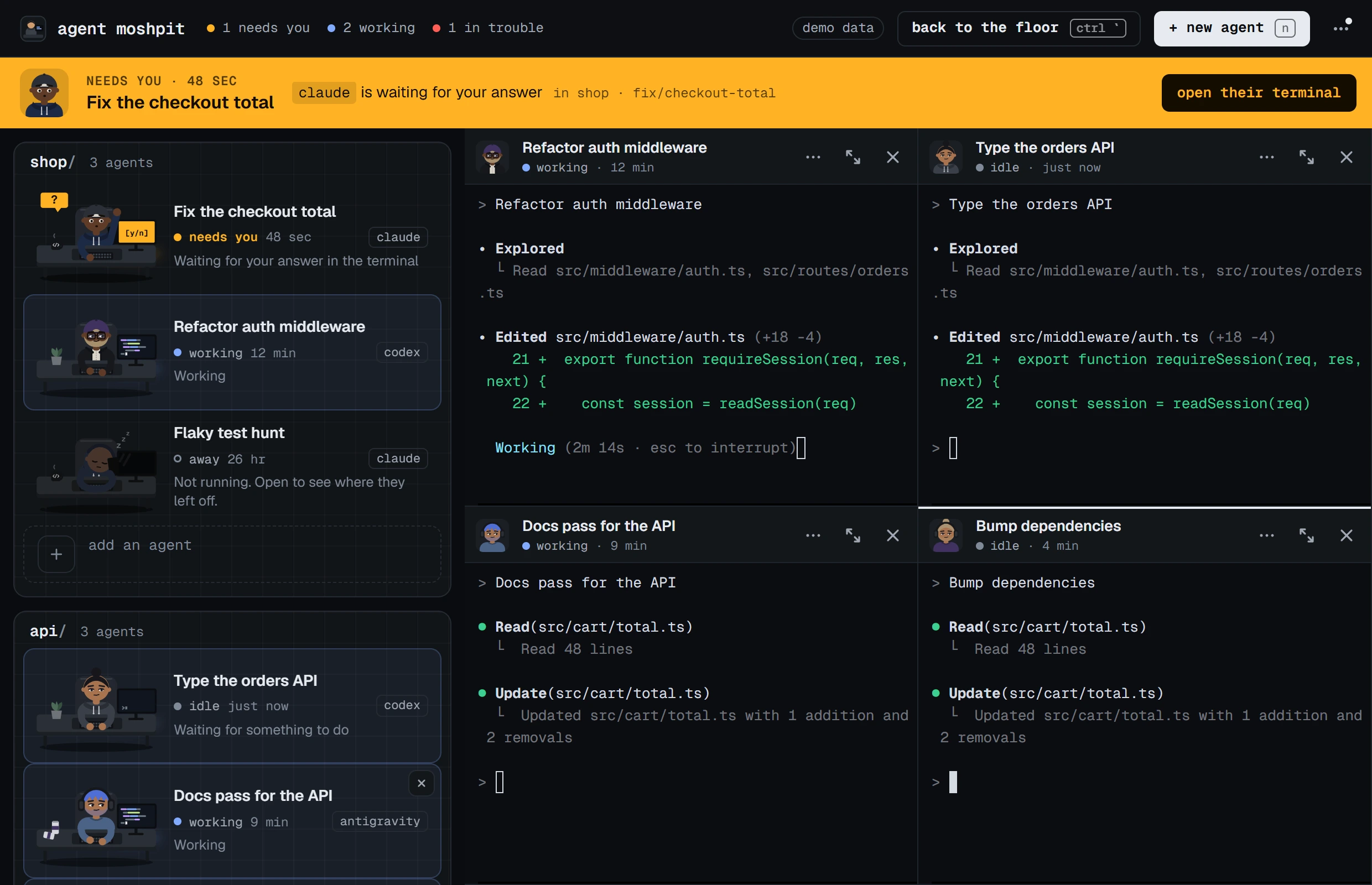 The Agent Moshpit window with four terminals in a two by two grid beside the floor: two Codex agents, one Antigravity CLI agent and one Hermes agent. An amber band across the top names a fifth agent, a Claude Code session that needs an answer, and offers to open its terminal.