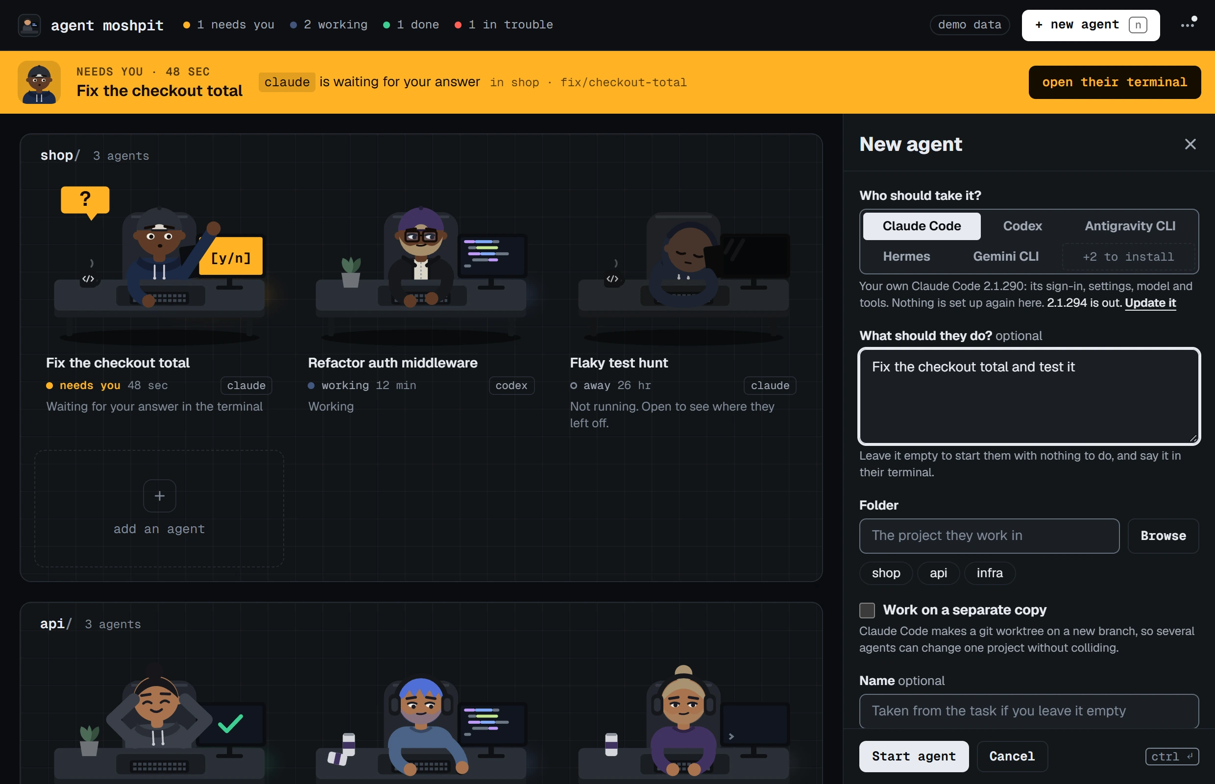 The New agent panel beside the floor. It asks who should take the task, with Claude Code chosen among Codex, Antigravity CLI, Hermes and Gemini CLI, then what they should do, which folder, and a tick box, Work on a separate copy, that says Claude Code makes a git worktree on a new branch.