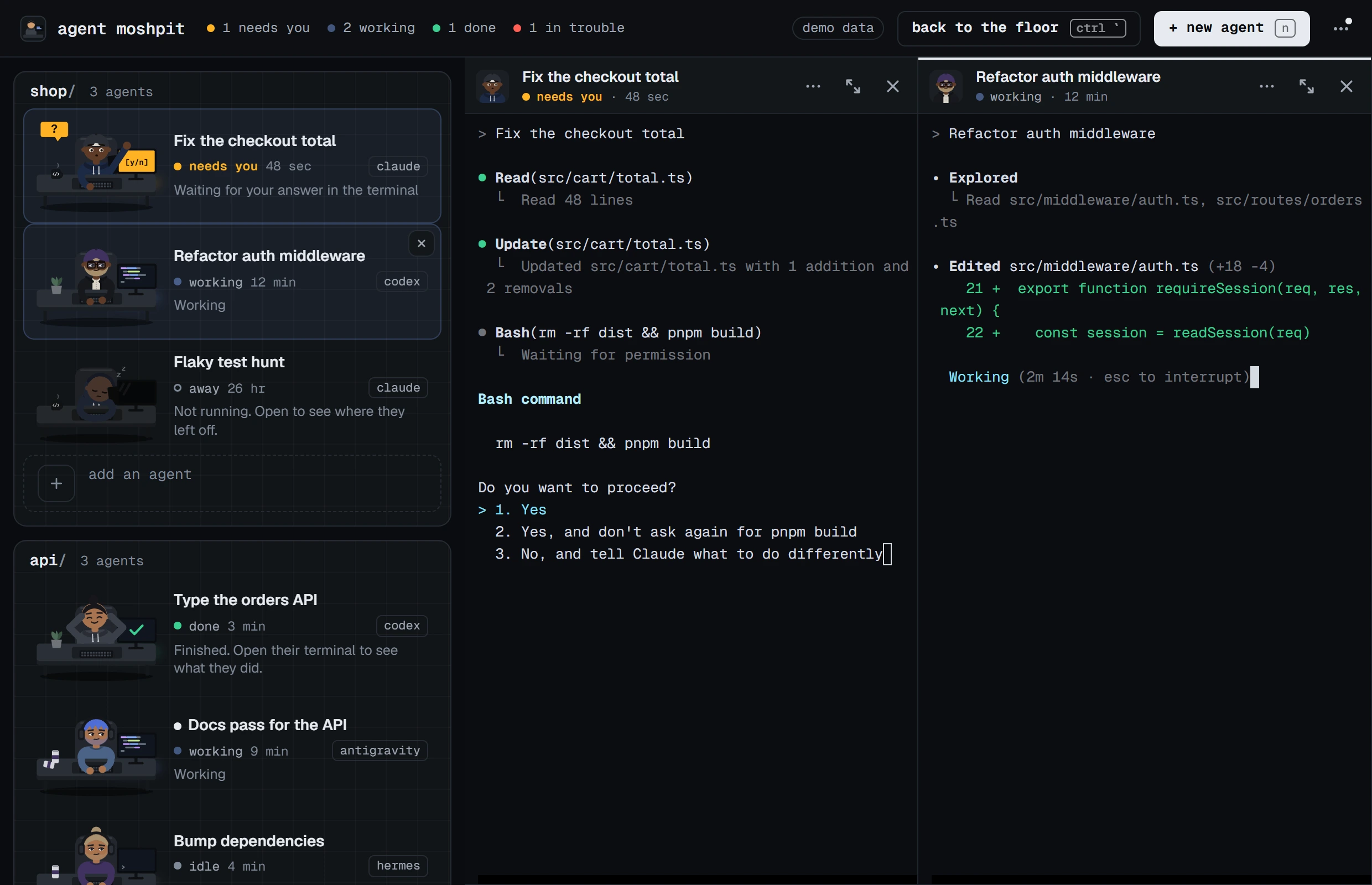 The Agent Moshpit window with two terminals side by side. The left one is Claude Code, marked needs you, stopped on a prompt asking whether to run a build command, with three choices. The right one is Codex, marked working, part way through editing a file. On the left of the window is the floor, where each agent's desk is tagged claude, codex, antigravity or hermes.