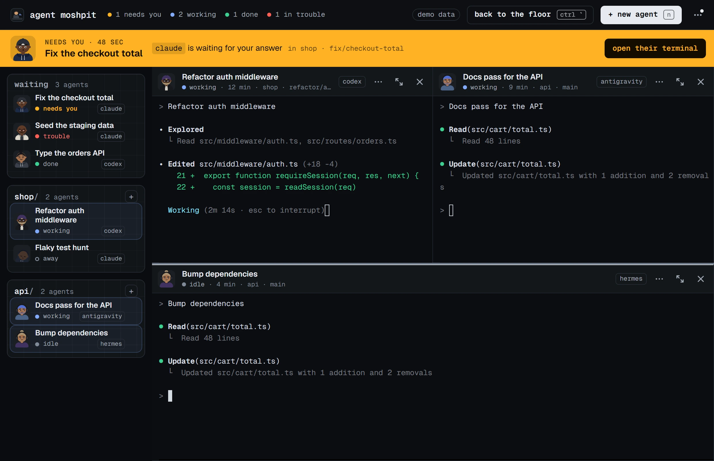 The Agent Moshpit window with the floor narrowed to a strip on the left. At its top a group called waiting lists three agents: one that needs you, one in trouble and one that is done. To the right are three terminals in a grid, and the amber band across the top names the agent who needs an answer.
