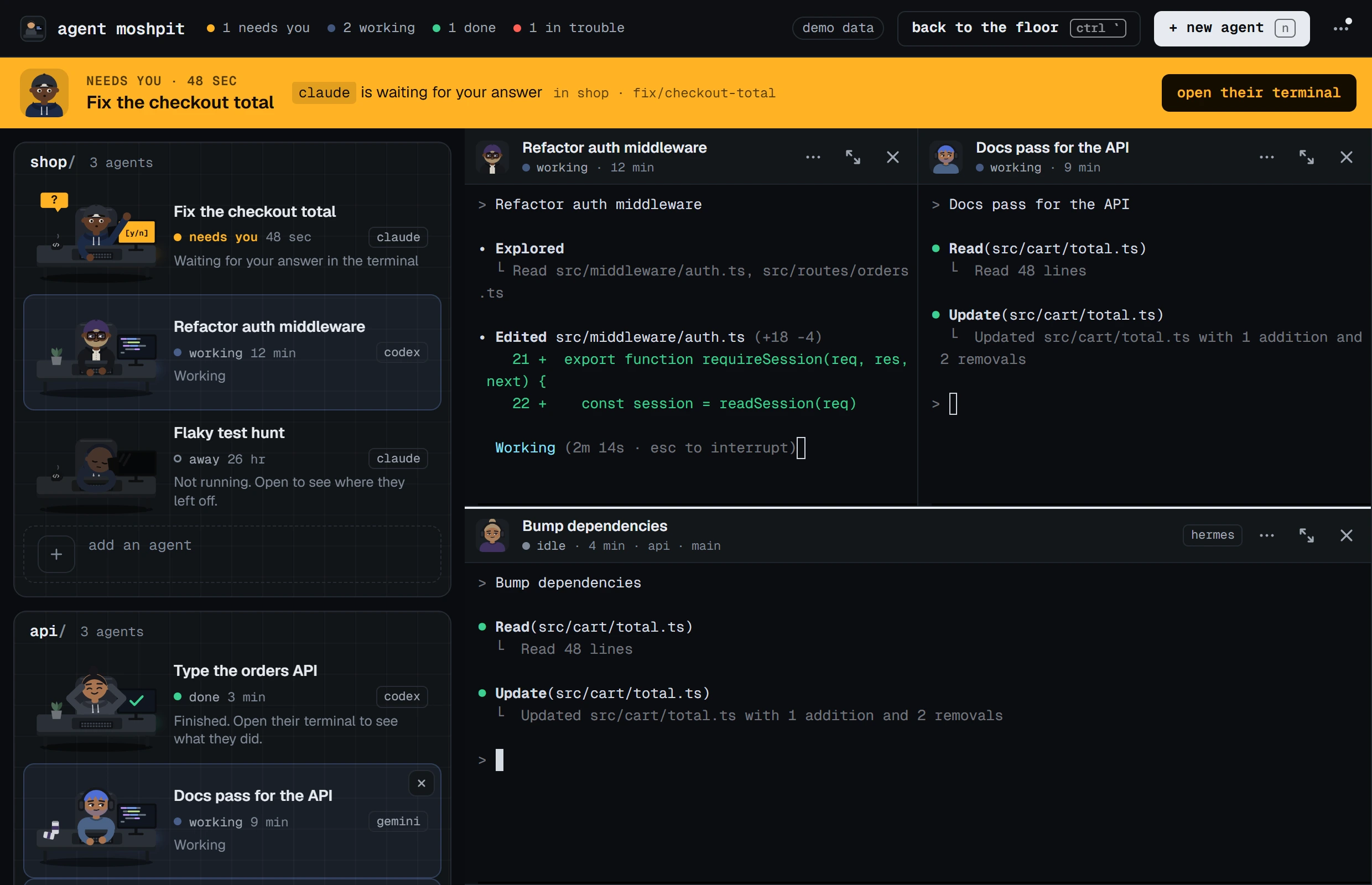 The Agent Moshpit window. On the left, the floor: agents drawn as people at desks, each with a name, a status and the program it is. Beside it, the terminals of the agents being watched, each headed by its agent. An amber band across the top names the one agent who needs you and offers to open their terminal.